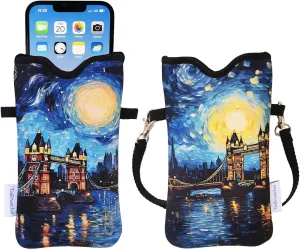 Tainada Men Women Neoprene Phone Sleeve Pouch Case Bag with Crossbody Strap/Neck Lanyard for iPhone 16/15/14 Pro Max, 16/15 Plus, Samsung S24 , S23, A54, Z Fold5, Google Pixel 9 (Tower Bridge Night)