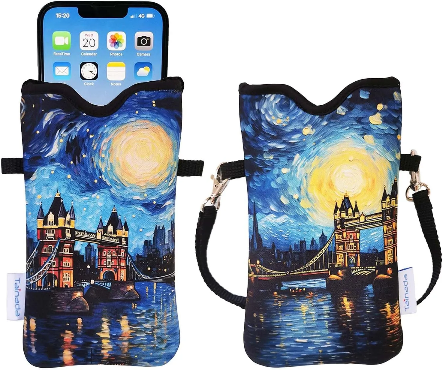 Tainada Men Women Neoprene Phone Sleeve Pouch Case Bag with Crossbody Strap/Neck Lanyard for iPhone 16/15/14 Pro Max, 16/15 Plus, Samsung S24 , S23, A54, Z Fold5, Google Pixel 9 (Tower Bridge Night)
