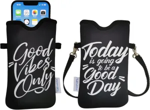 Tainada Men Women Neoprene Phone Sleeve Pouch Case Bag with Crossbody Strap/Neck Lanyard for iPhone 16/15/14 Pro Max, 16/15/14 Plus, Samsung S24 , S23, A54, Z Fold5, Google Pixel 9 (Good Vibes Only)
