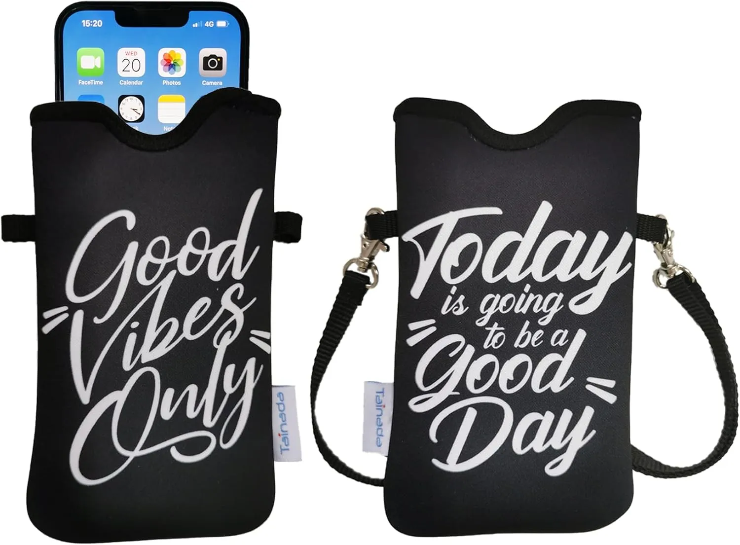 Tainada Men Women Neoprene Phone Sleeve Pouch Case Bag with Crossbody Strap/Neck Lanyard for iPhone 16/15/14 Pro Max, 16/15/14 Plus, Samsung S24 , S23, A54, Z Fold5, Google Pixel 9 (Good Vibes Only)