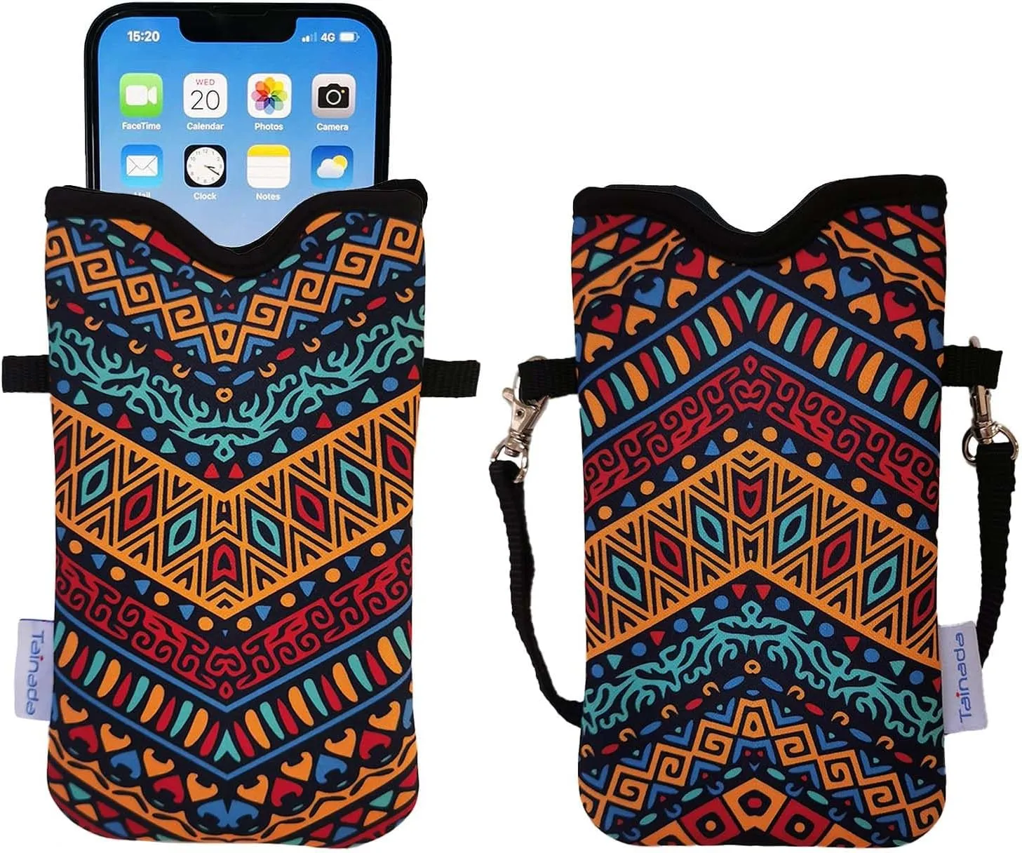 Tainada Men Women Neoprene Phone Sleeve Pouch Case Bag with Crossbody Strap/Neck Lanyard for iPhone 16/15/14 Pro Max, 16/15/14 Plus, Samsung S24 , S24 FE, S23, A35, A54, Z Fold6 (Folk Style 2)