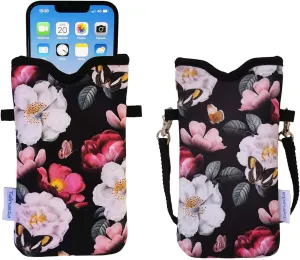 Tainada Neoprene Phone Sleeve Pouch Case Bag for Women w/Crossbody Strap/Neck Lanyard for iPhone 16/15/14 Pro Max, 16/15/14 Plus, Samsung S25. S24 , S23, A54, Z Fold6, Google Pixel 9 (Black Floral)