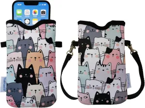 Tainada Neoprene Phone Sleeve Pouch Case Bag for Women with Crossbody Strap/Neck Lanyard for iPhone 16/15 Pro Max, 16/15/14 Plus, 16e, Samsung S25, S24 , A56, Google Pixel 9 (Doodle Cats Style 1)