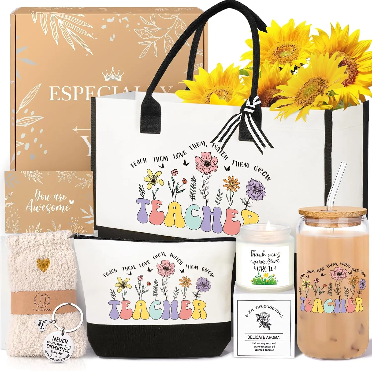 Teacher Appreciation Gifts, Best Teacher Gifts for Women, End of Year Teachers Gift from Student, Teachers Birthday Retirement Christmas Thank You Gift Baskets for Women, Canvas Tote Bag