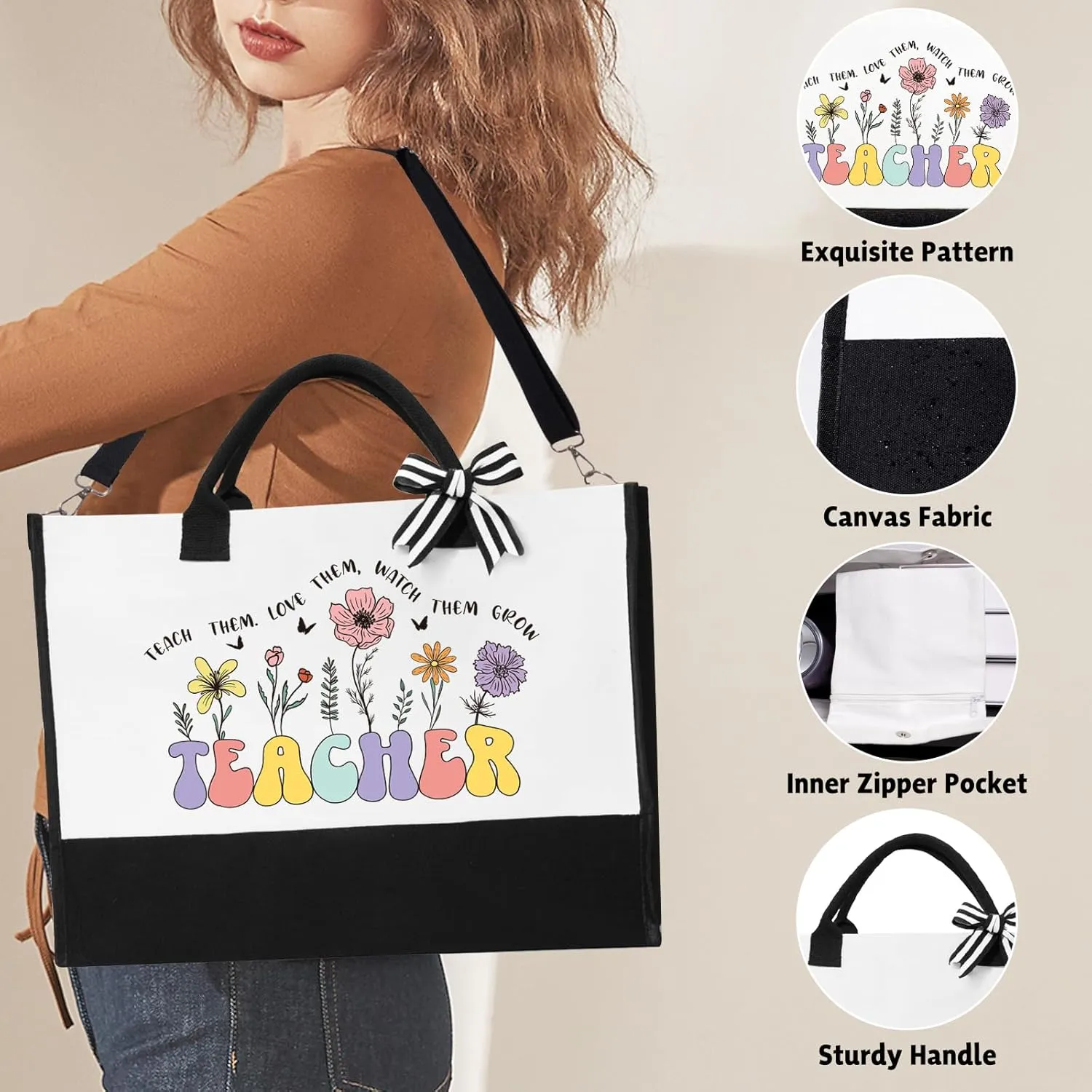 Teacher Appreciation Gifts, Best Teacher Gifts for Women, End of Year Teachers Gift from Student, Teachers Birthday Retirement Christmas Thank You Gift Baskets for Women, Canvas Tote Bag