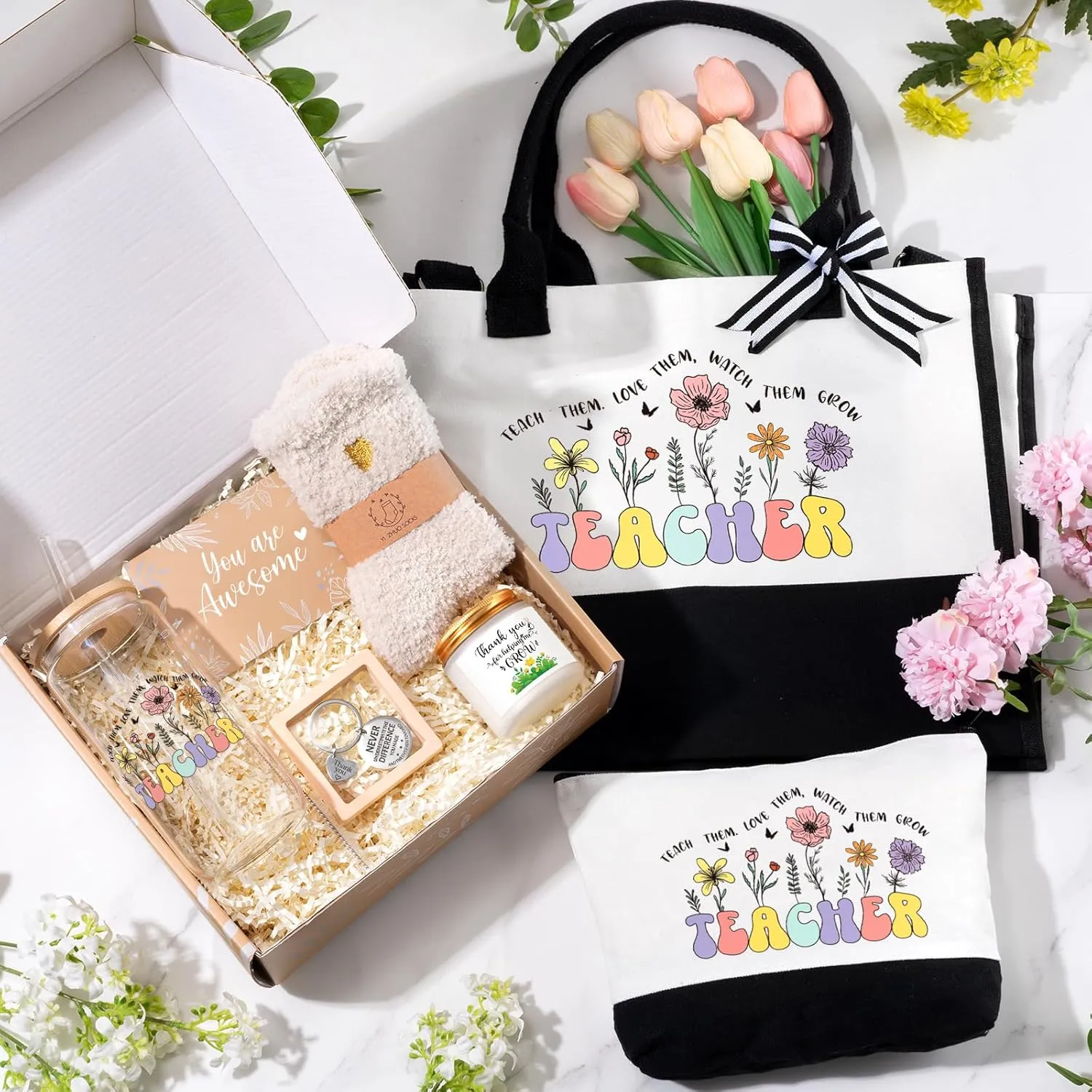 Teacher Appreciation Gifts, Best Teacher Gifts for Women, End of Year Teachers Gift from Student, Teachers Birthday Retirement Christmas Thank You Gift Baskets for Women, Canvas Tote Bag