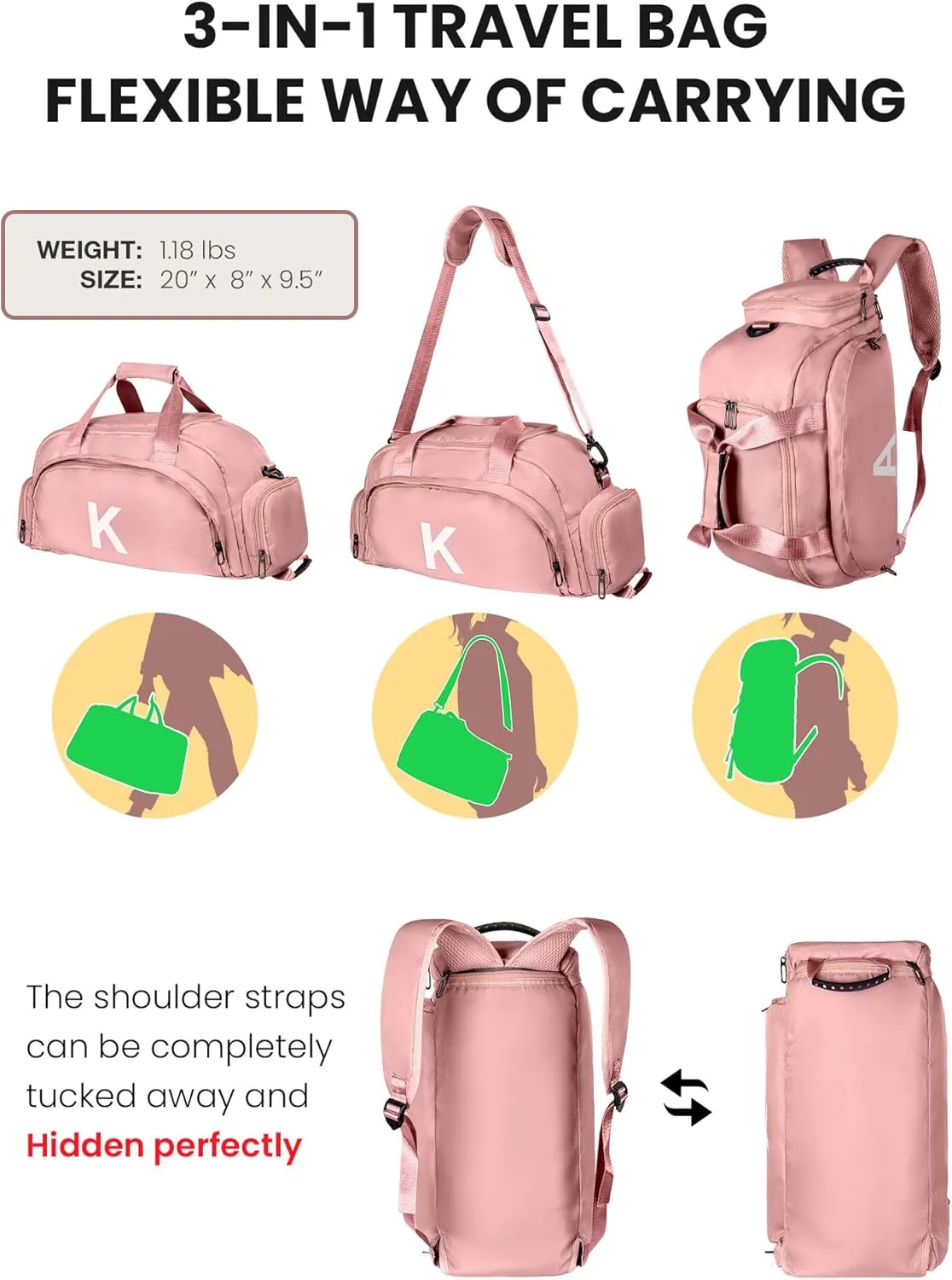 Teenager Girl Gifts Ideas, Initial Gym Bags with Shoe Compartment, Personalized Girl Duffel Bag, Monogram Kid Overnight Bags, Teen Weekend Bag-Fashion Trendy Stuff (Letter L)