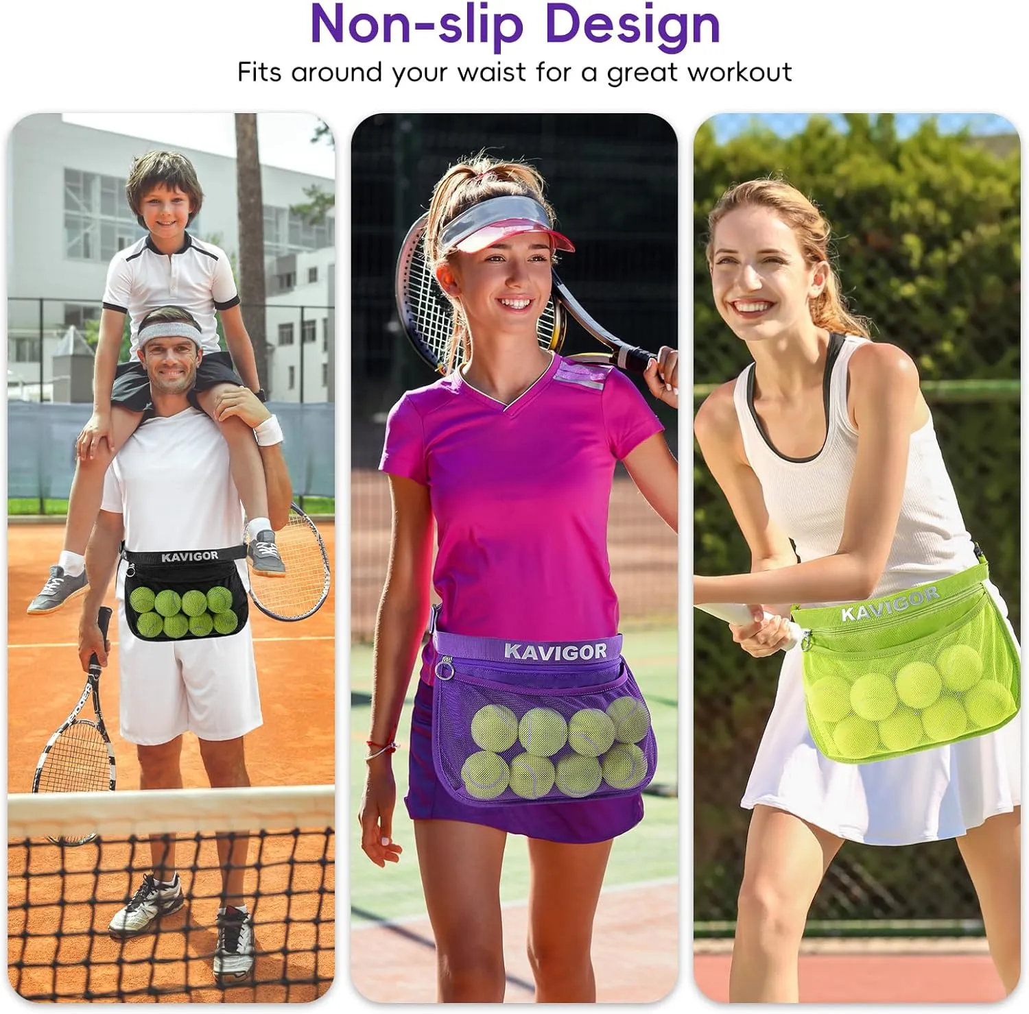 Tennis & Pickleball Ball Holder Waist Pouch Holds 8-10 Balls, Multi-Functional Sports Belt Bag with Zipper Pocket and Carabiner
