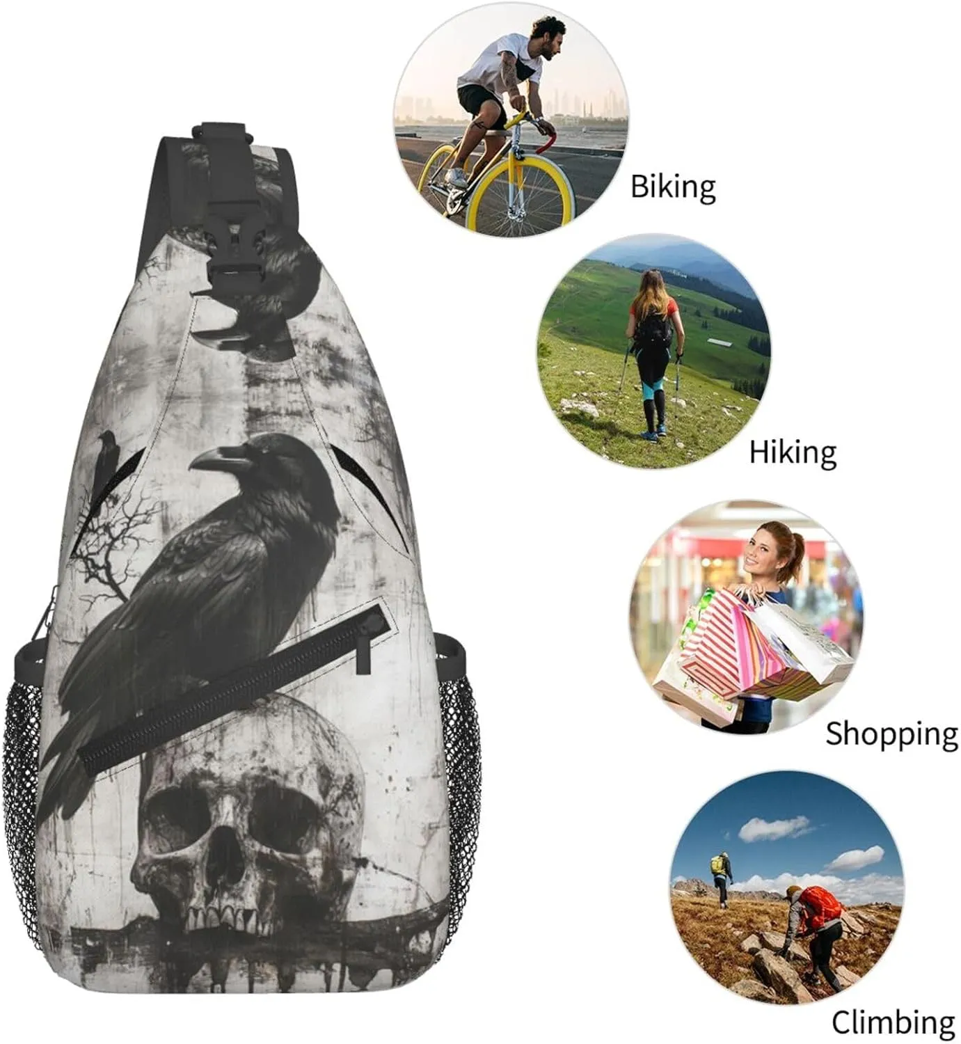 The-Raven And Skull Sling Backpack Hiking Backpack Crossbody Bag Sports Lightweight And Durable Chest Bag Shoulder Bag For Women Men