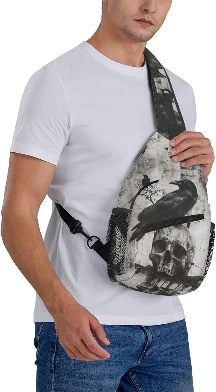 The-Raven And Skull Sling Backpack Hiking Backpack Crossbody Bag Sports Lightweight And Durable Chest Bag Shoulder Bag For Women Men