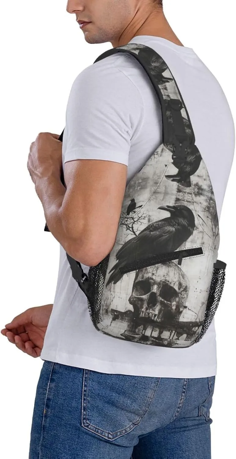 The-Raven And Skull Sling Backpack Hiking Backpack Crossbody Bag Sports Lightweight And Durable Chest Bag Shoulder Bag For Women Men