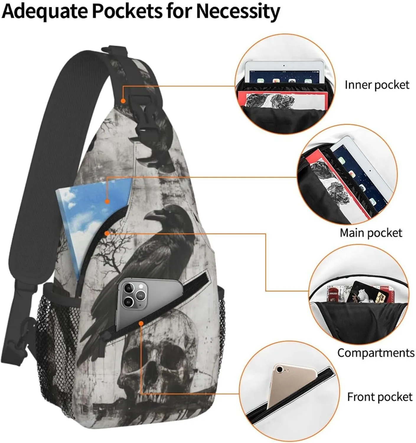 The-Raven And Skull Sling Backpack Hiking Backpack Crossbody Bag Sports Lightweight And Durable Chest Bag Shoulder Bag For Women Men