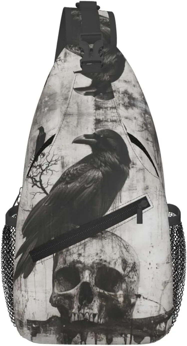 The-Raven And Skull Sling Backpack Hiking Backpack Crossbody Bag Sports Lightweight And Durable Chest Bag Shoulder Bag For Women Men