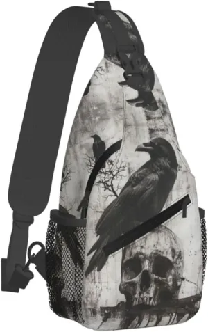The-Raven And Skull Sling Backpack Hiking Backpack Crossbody Bag Sports Lightweight And Durable Chest Bag Shoulder Bag For Women Men