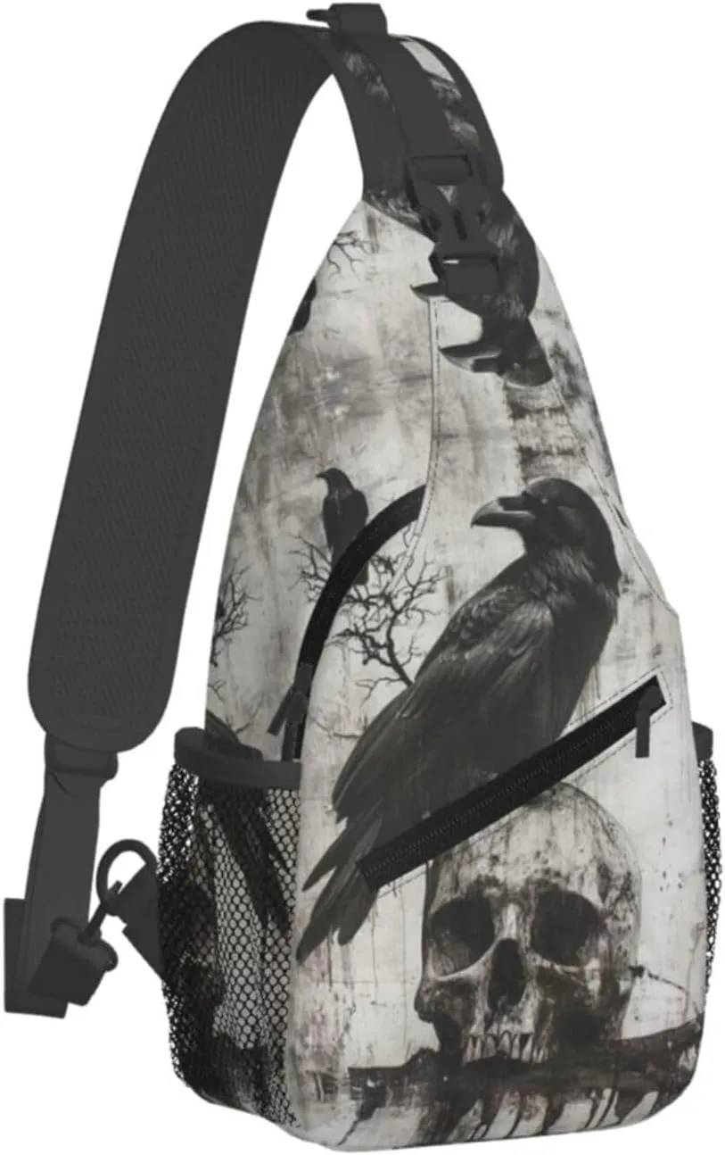 The-Raven And Skull Sling Backpack Hiking Backpack Crossbody Bag Sports Lightweight And Durable Chest Bag Shoulder Bag For Women Men
