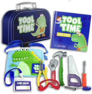 Tickle & Main Kids Tool Toys for Boys, 11-Piece Construction Pretend Play for Toddlers, Story Book Set with Belt & Dino-Printed Bag, Toddler Tool Set for Hands-On Learning & Skill-Building