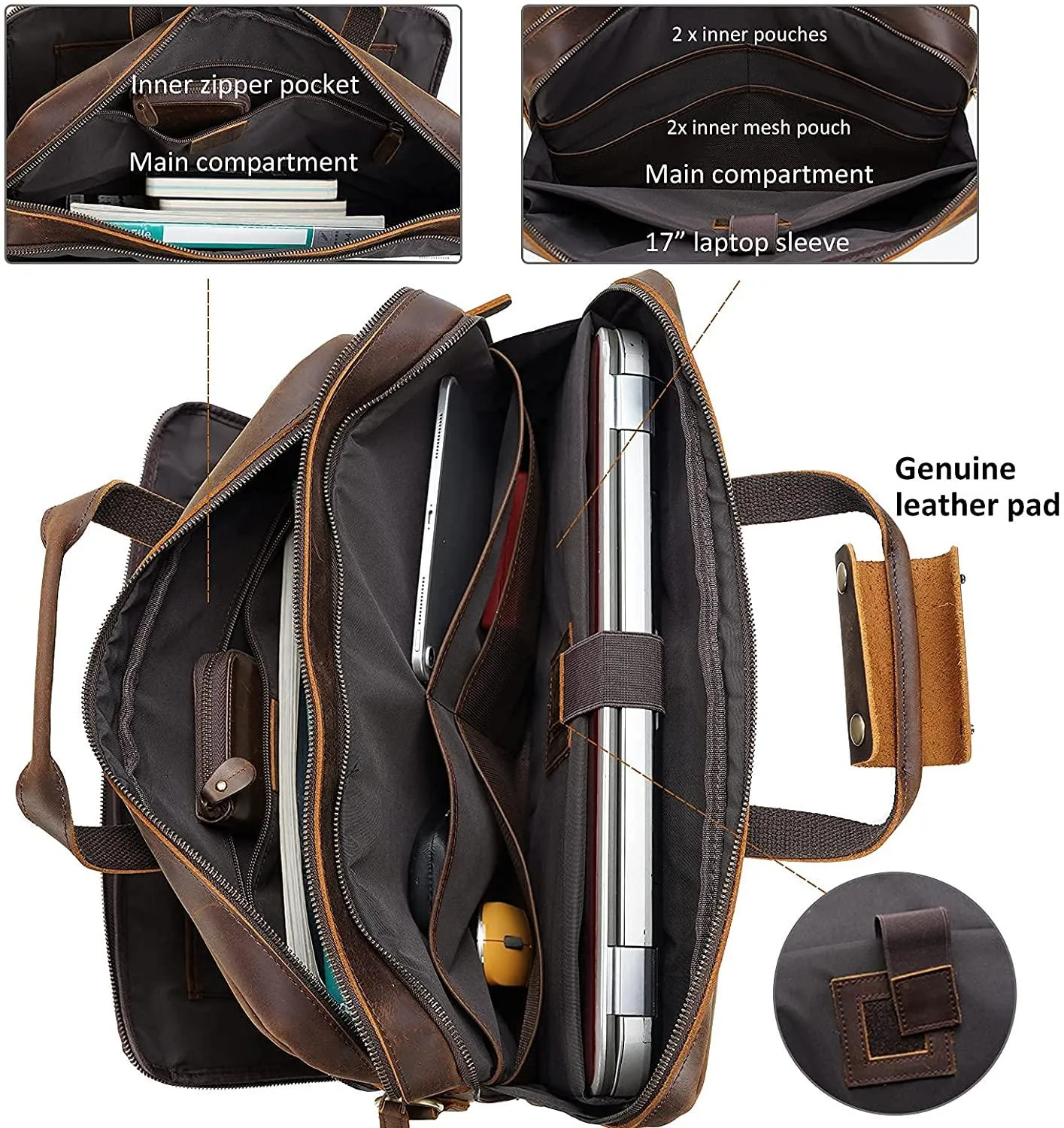 TIDING Genuine Leather Briefcase for Men Office 17 Inch Laptop, Vintage Attache Case