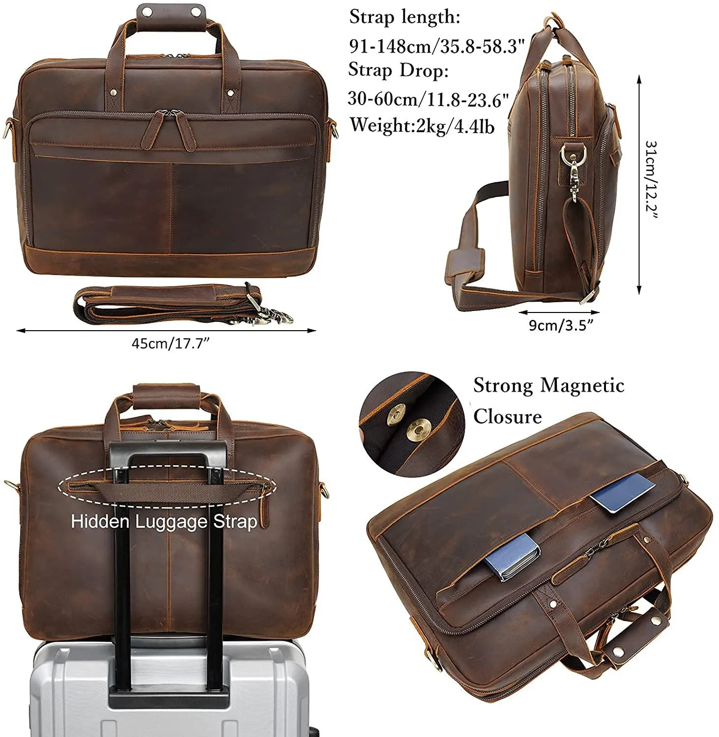 TIDING Genuine Leather Briefcase for Men Office 17 Inch Laptop, Vintage Attache Case