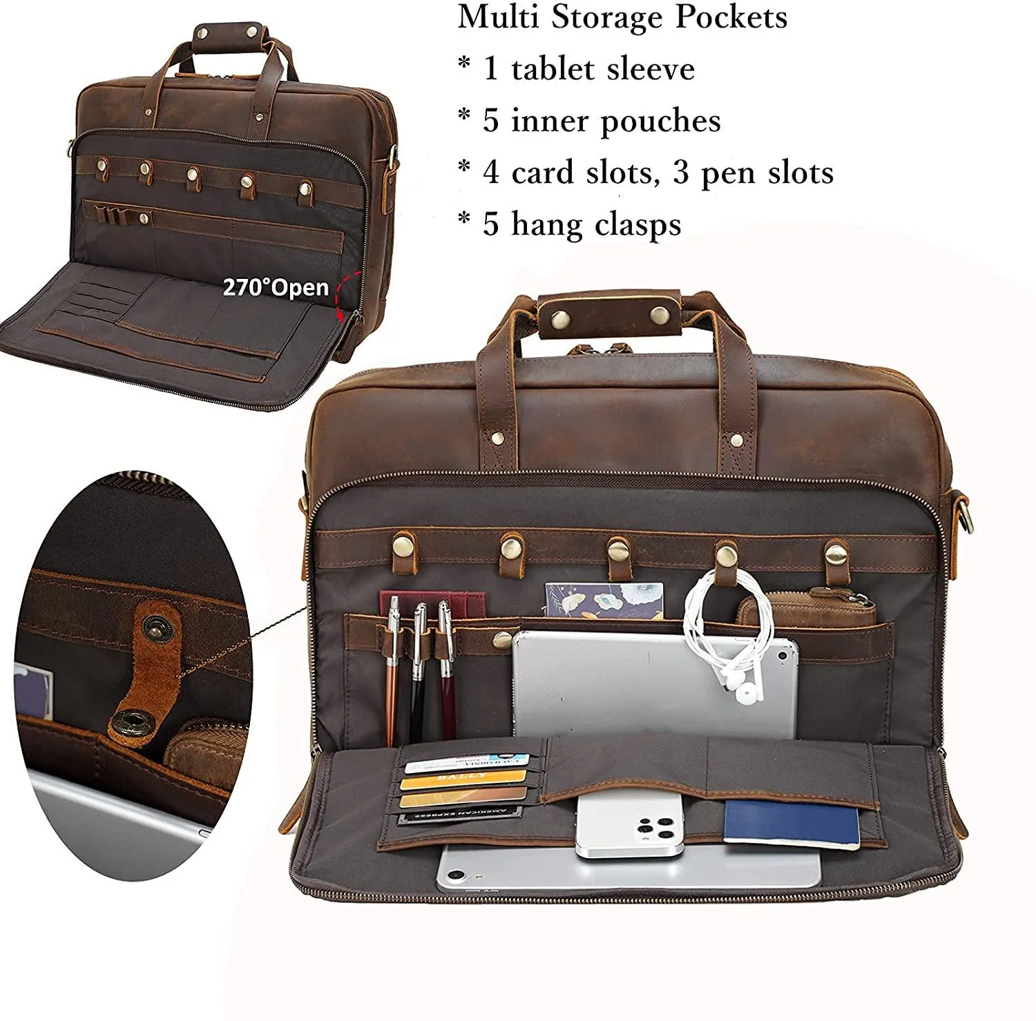TIDING Genuine Leather Briefcase for Men Office 17 Inch Laptop, Vintage Attache Case