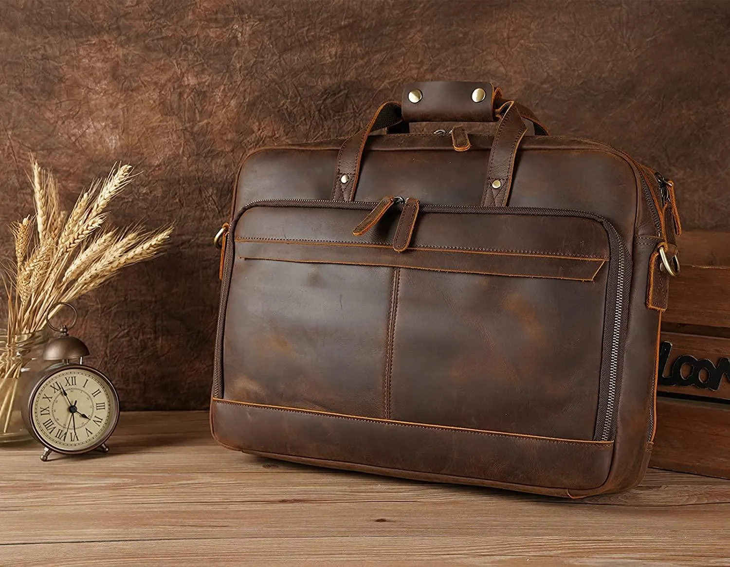 TIDING Genuine Leather Briefcase for Men Office 17 Inch Laptop, Vintage Attache Case