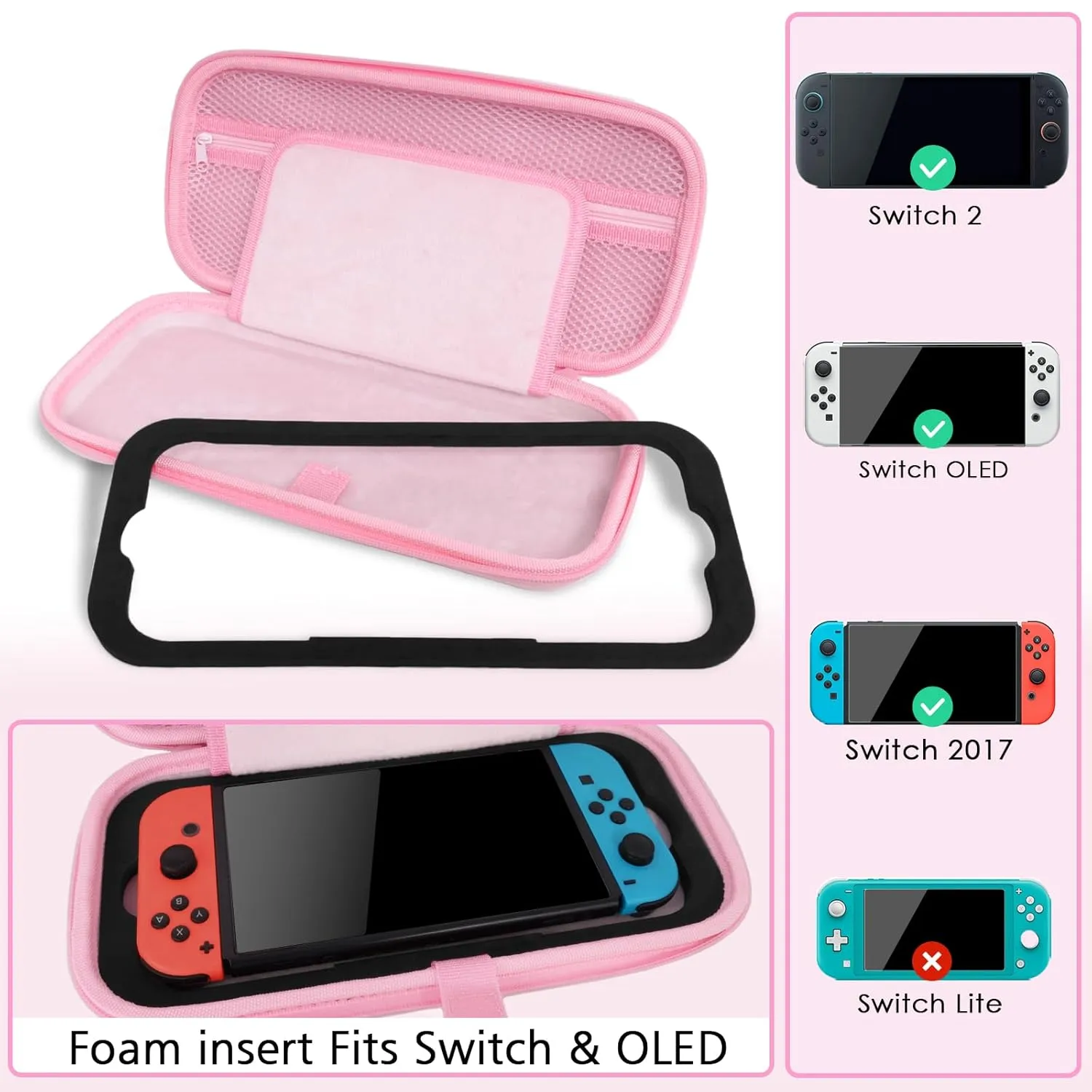 TIKOdirect Carrying Case for Switch 2(2025)/ Switch/ OLED, Glitter Shockproof Protective Portable Travel Bag with 12 Game Card Slots and Adjustable Shoulder Strap, Rainbow Pink