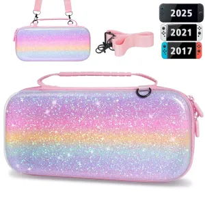 TIKOdirect Carrying Case for Switch 2(2025)/ Switch/ OLED, Glitter Shockproof Protective Portable Travel Bag with 12 Game Card Slots and Adjustable Shoulder Strap, Rainbow Pink