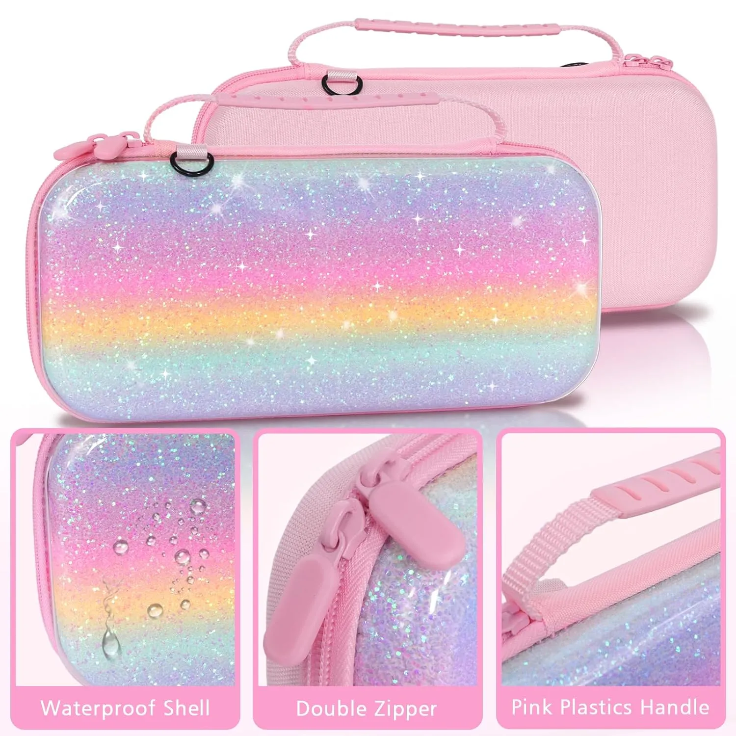 TIKOdirect Carrying Case for Switch 2(2025)/ Switch/ OLED, Glitter Shockproof Protective Portable Travel Bag with 12 Game Card Slots and Adjustable Shoulder Strap, Rainbow Pink