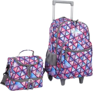 Tilami Rolling Backpack 18 inch Double Handle with Lunch Bag Wheeled Kids Backpack for Girls and Boys, Triangle Pink