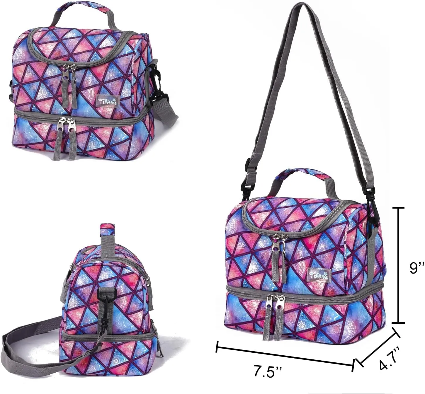 Tilami Rolling Backpack 18 inch Double Handle with Lunch Bag Wheeled Kids Backpack for Girls and Boys, Triangle Pink