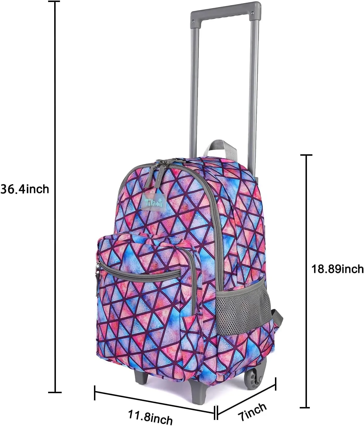 Tilami Rolling Backpack 18 inch Double Handle with Lunch Bag Wheeled Kids Backpack for Girls and Boys, Triangle Pink