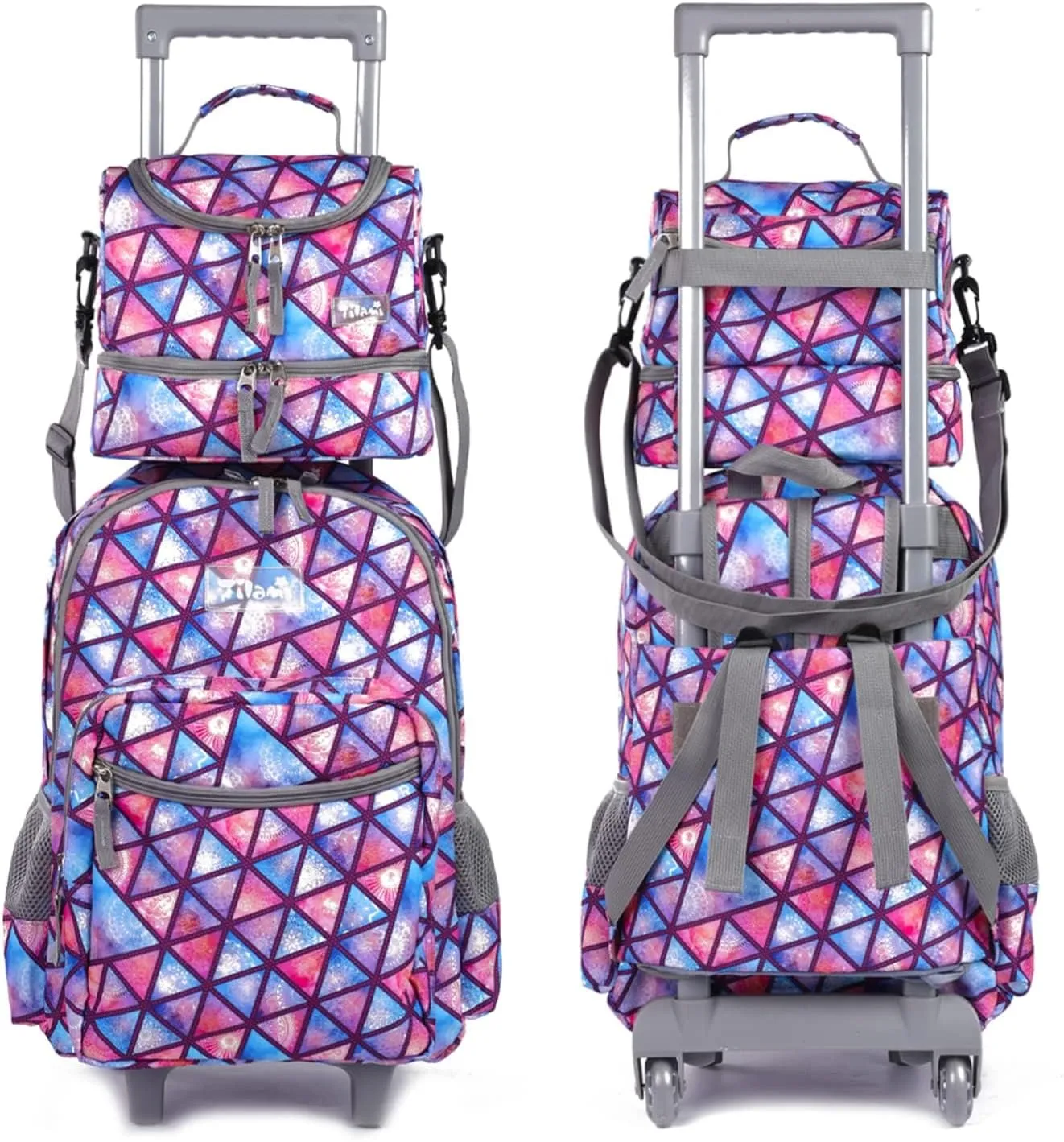 Tilami Rolling Backpack 18 inch Double Handle with Lunch Bag Wheeled Kids Backpack for Girls and Boys, Triangle Pink
