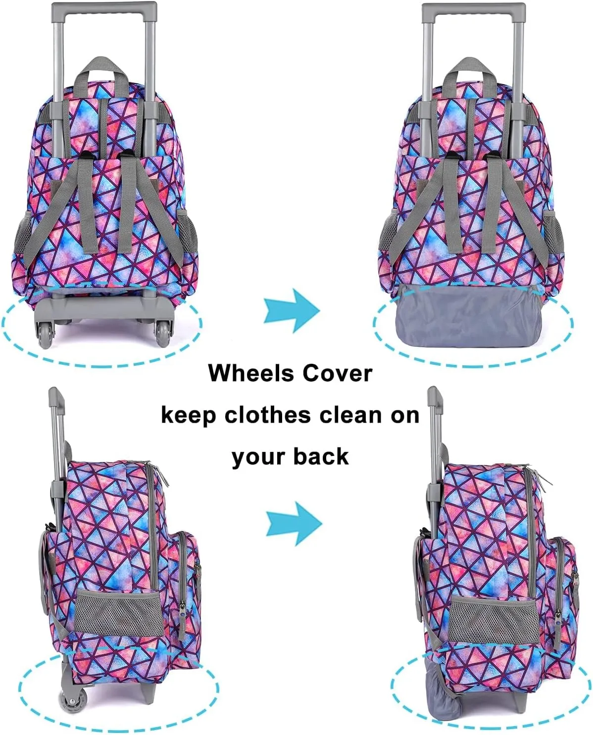 Tilami Rolling Backpack 18 inch Double Handle with Lunch Bag Wheeled Kids Backpack for Girls and Boys, Triangle Pink