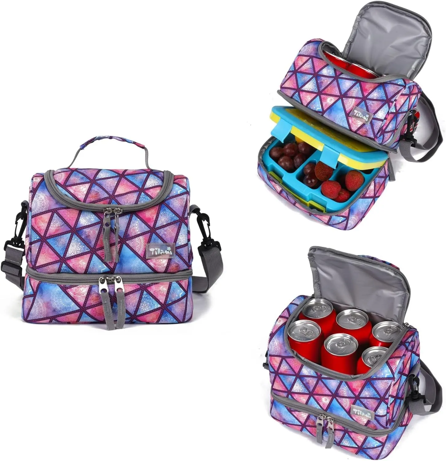 Tilami Rolling Backpack 18 inch Double Handle with Lunch Bag Wheeled Kids Backpack for Girls and Boys, Triangle Pink