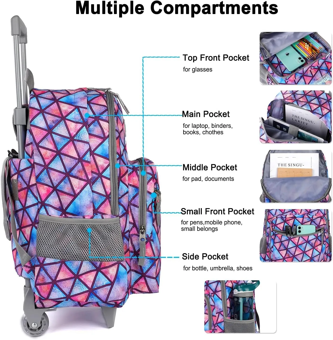 Tilami Rolling Backpack 18 inch Double Handle with Lunch Bag Wheeled Kids Backpack for Girls and Boys, Triangle Pink