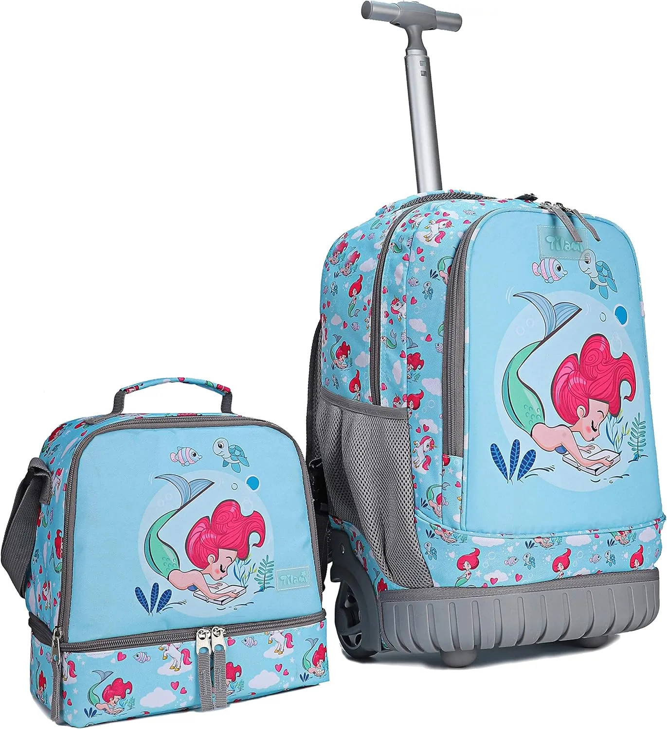 Tilami Rolling Backpack 19 inch with Lunch Bag Wheeled Laptop Backpack, Mermaid Blue