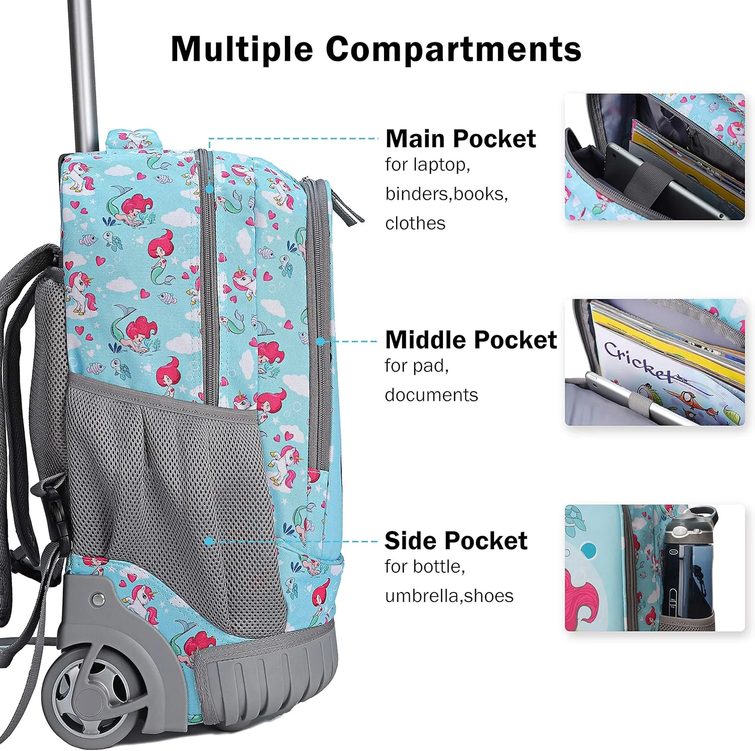 Tilami Rolling Backpack 19 inch with Lunch Bag Wheeled Laptop Backpack, Mermaid Blue