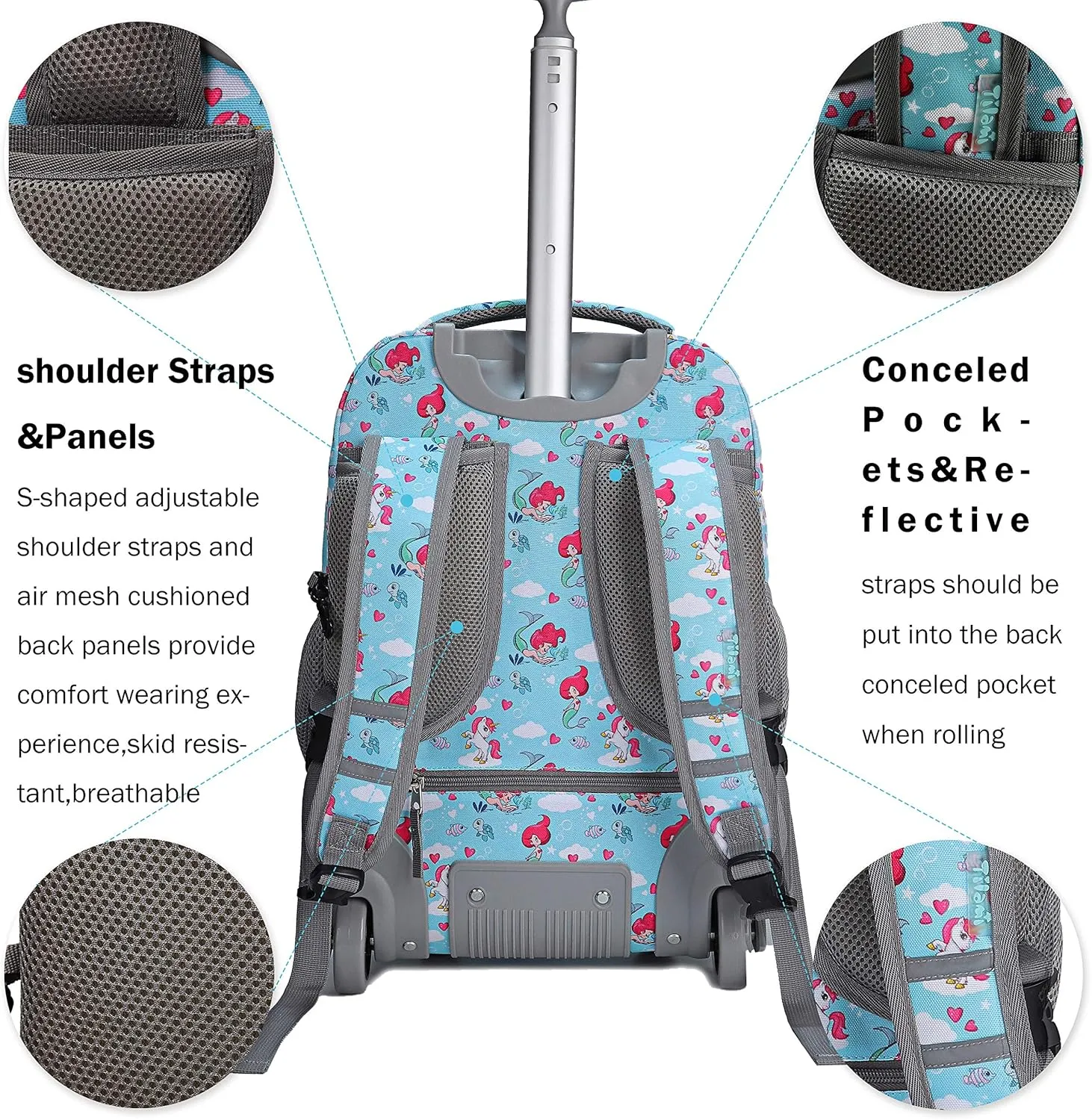 Tilami Rolling Backpack 19 inch with Lunch Bag Wheeled Laptop Backpack, Mermaid Blue