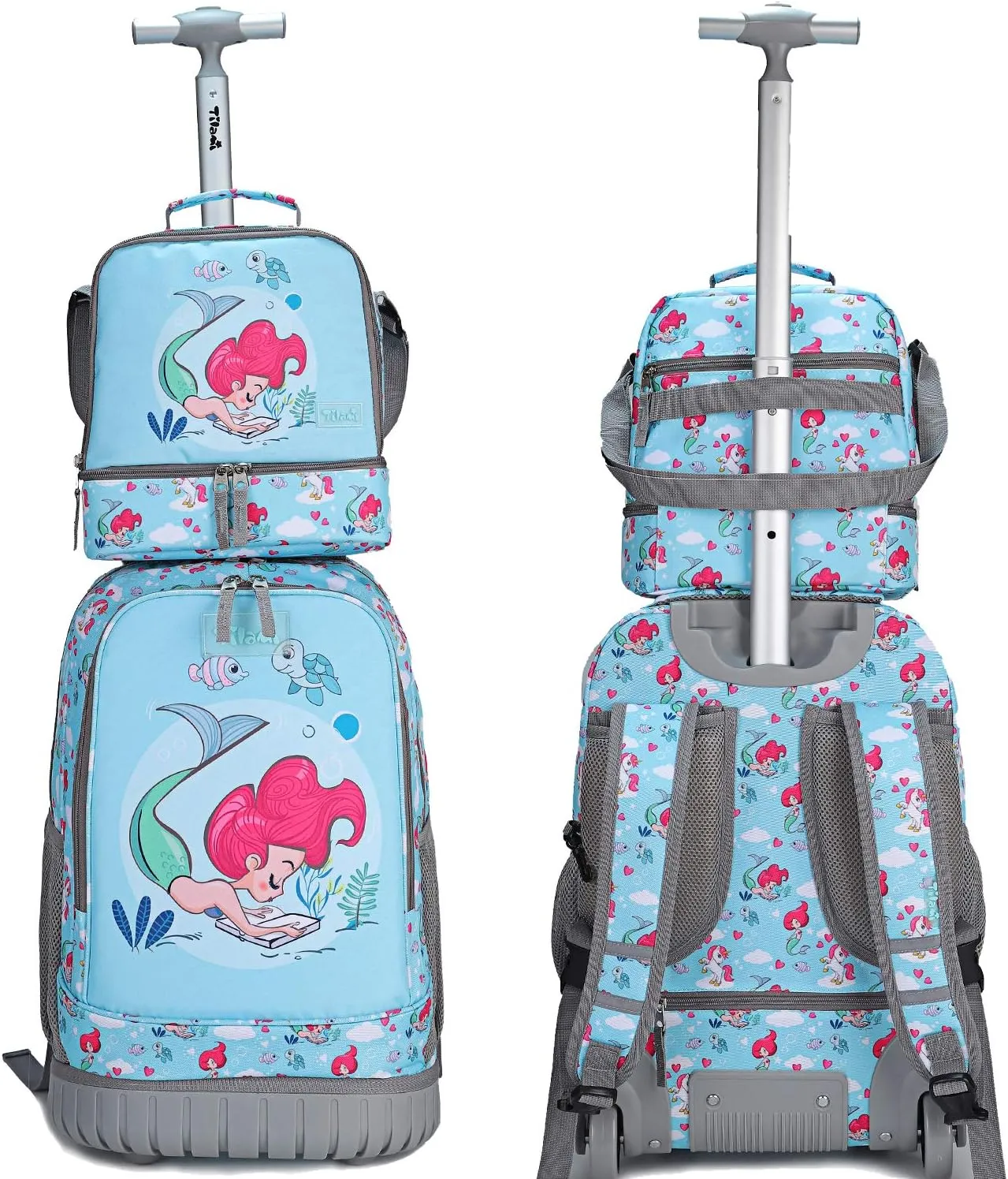 Tilami Rolling Backpack 19 inch with Lunch Bag Wheeled Laptop Backpack, Mermaid Blue