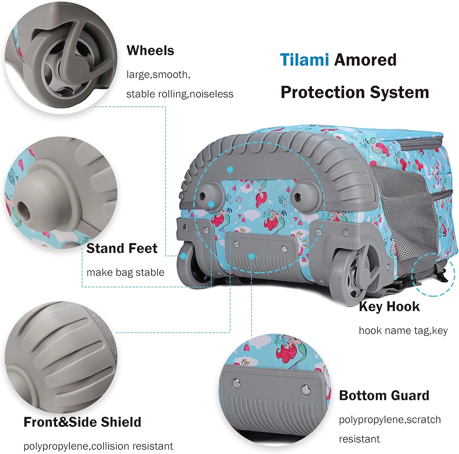 Tilami Rolling Backpack 19 inch with Lunch Bag Wheeled Laptop Backpack, Mermaid Blue