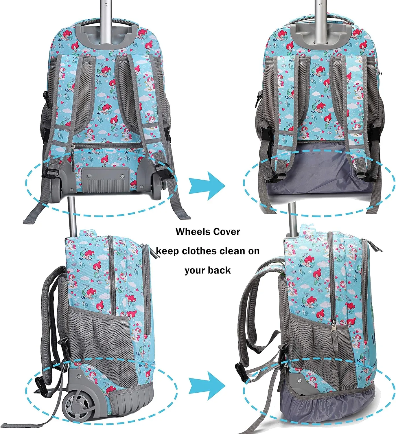 Tilami Rolling Backpack 19 inch with Lunch Bag Wheeled Laptop Backpack, Mermaid Blue