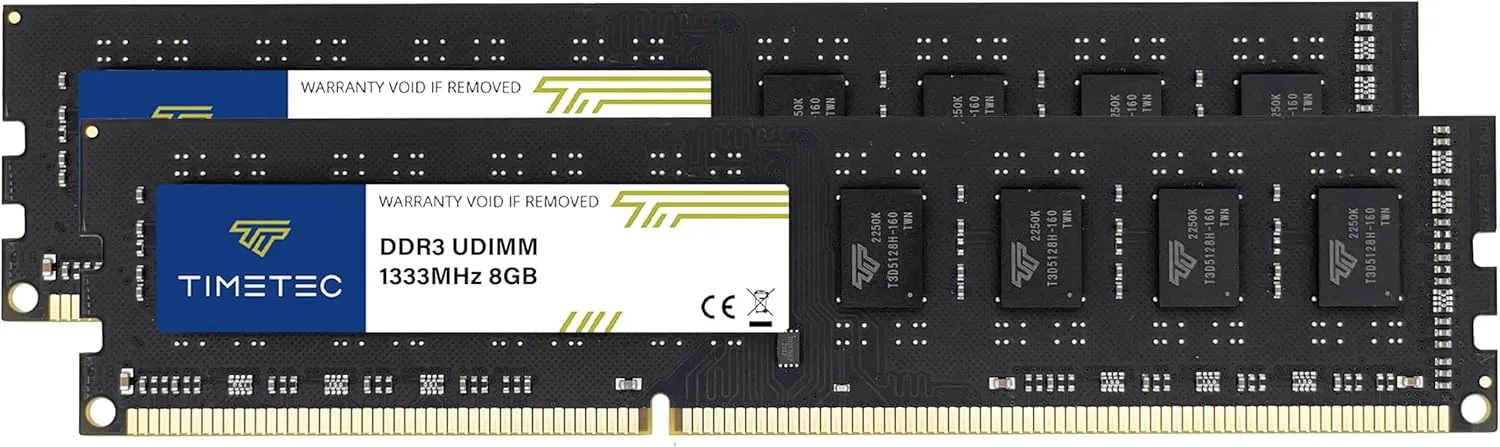 Timetec 16GB KIT(2x8GB) DDR3 / DDR3L 1333MHz PC3-10600 Non-ECC Unbuffered 1.5V / 1.35V CL9 2Rx8 Dual Rank 240 Pin UDIMM PC Desktop Computer Memory RAM Module Upgrade (16GB KIT(2x8GB))