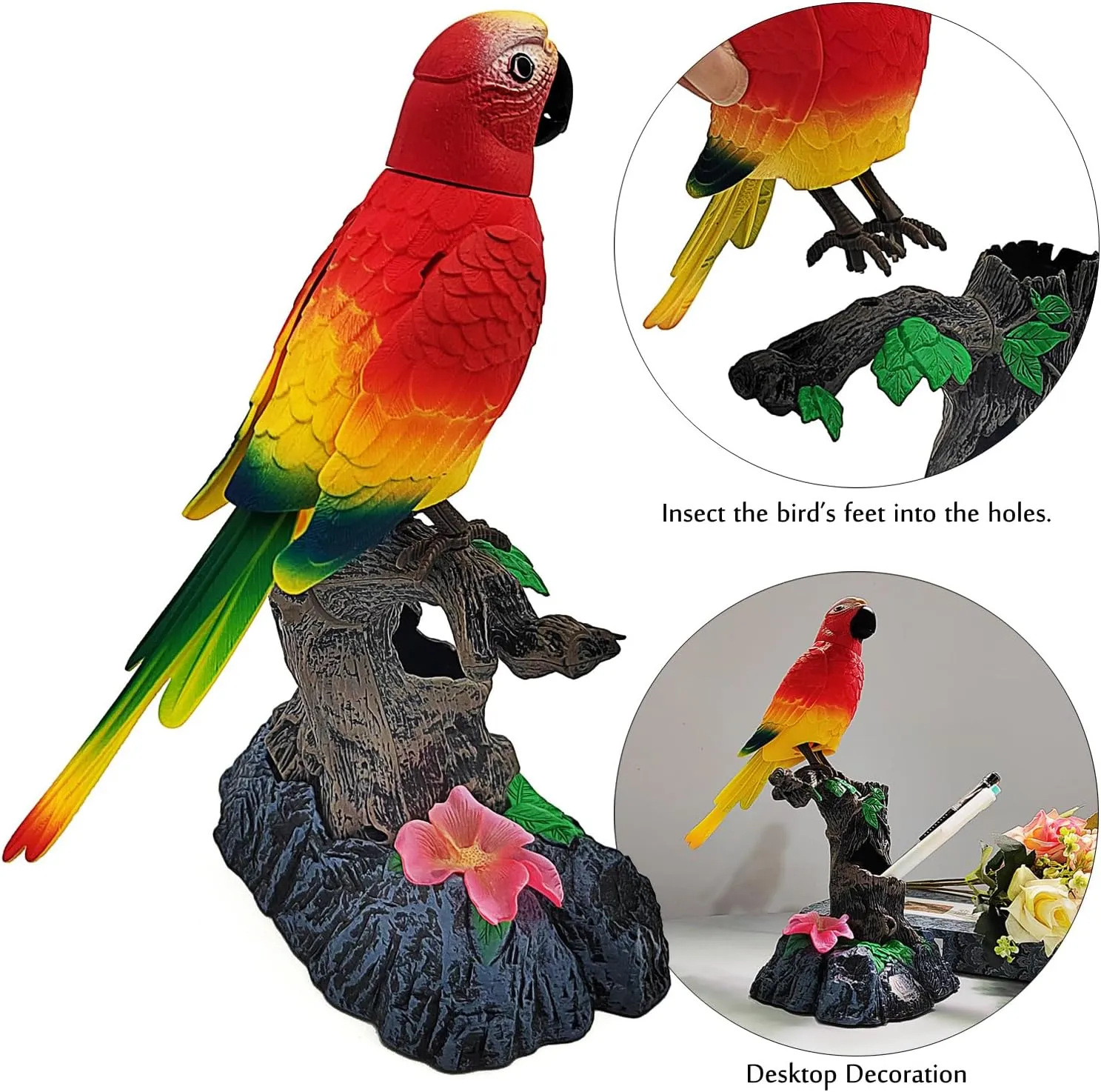 Tipmant Realistic Eelectric Birds Talking Parrots Electronic Pets Office Home Wall Desk Table Decoration Repeat What You Say Kids Toys Birthday Gifts (Red)