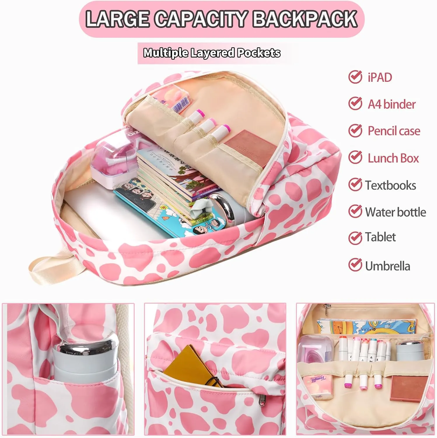 Toddler Backpack Girls Cow Print Kids Bookbag with Lunch Box Preschool Backpack Elementary School Bag -Pink Cow