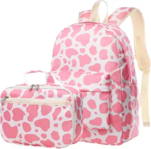 Toddler Backpack Girls Cow Print Kids Bookbag with Lunch Box Preschool Backpack Elementary School Bag -Pink Cow