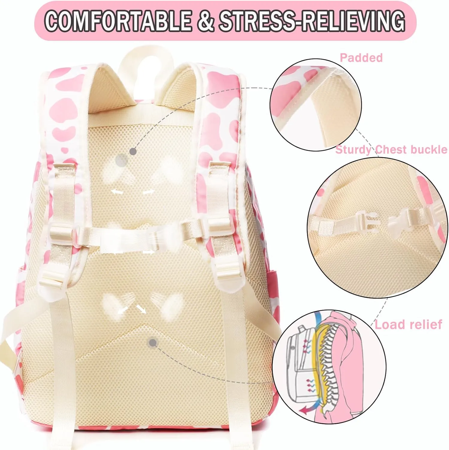 Toddler Backpack Girls Cow Print Kids Bookbag with Lunch Box Preschool Backpack Elementary School Bag -Pink Cow
