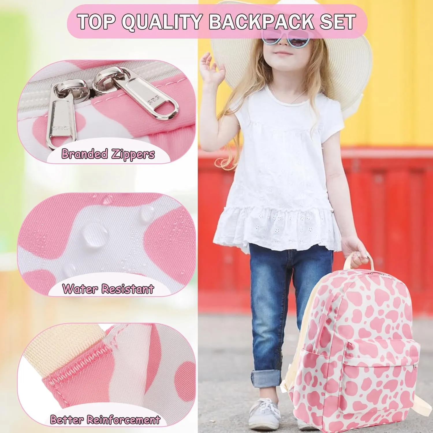 Toddler Backpack Girls Cow Print Kids Bookbag with Lunch Box Preschool Backpack Elementary School Bag -Pink Cow