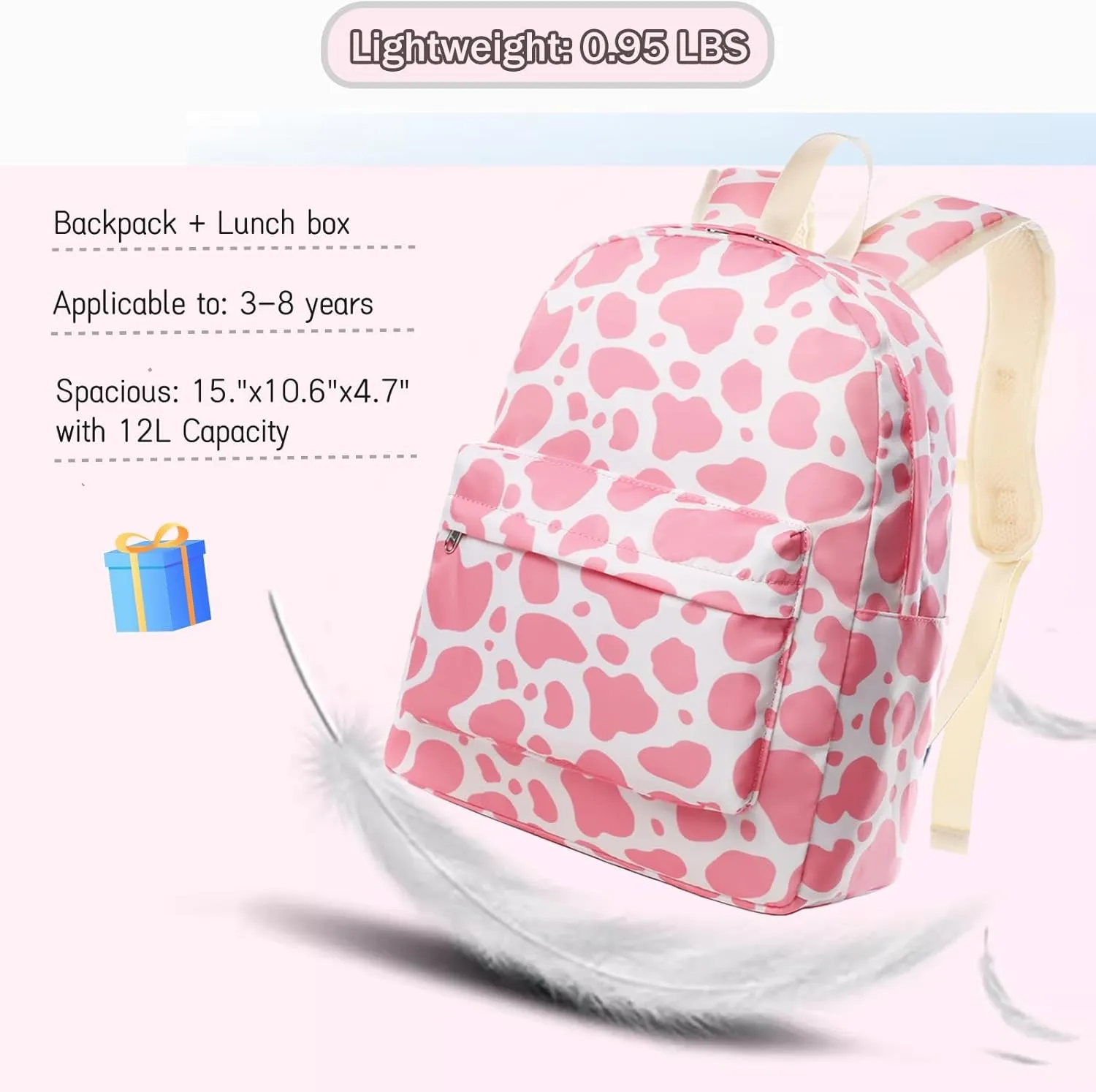 Toddler Backpack Girls Cow Print Kids Bookbag with Lunch Box Preschool Backpack Elementary School Bag -Pink Cow