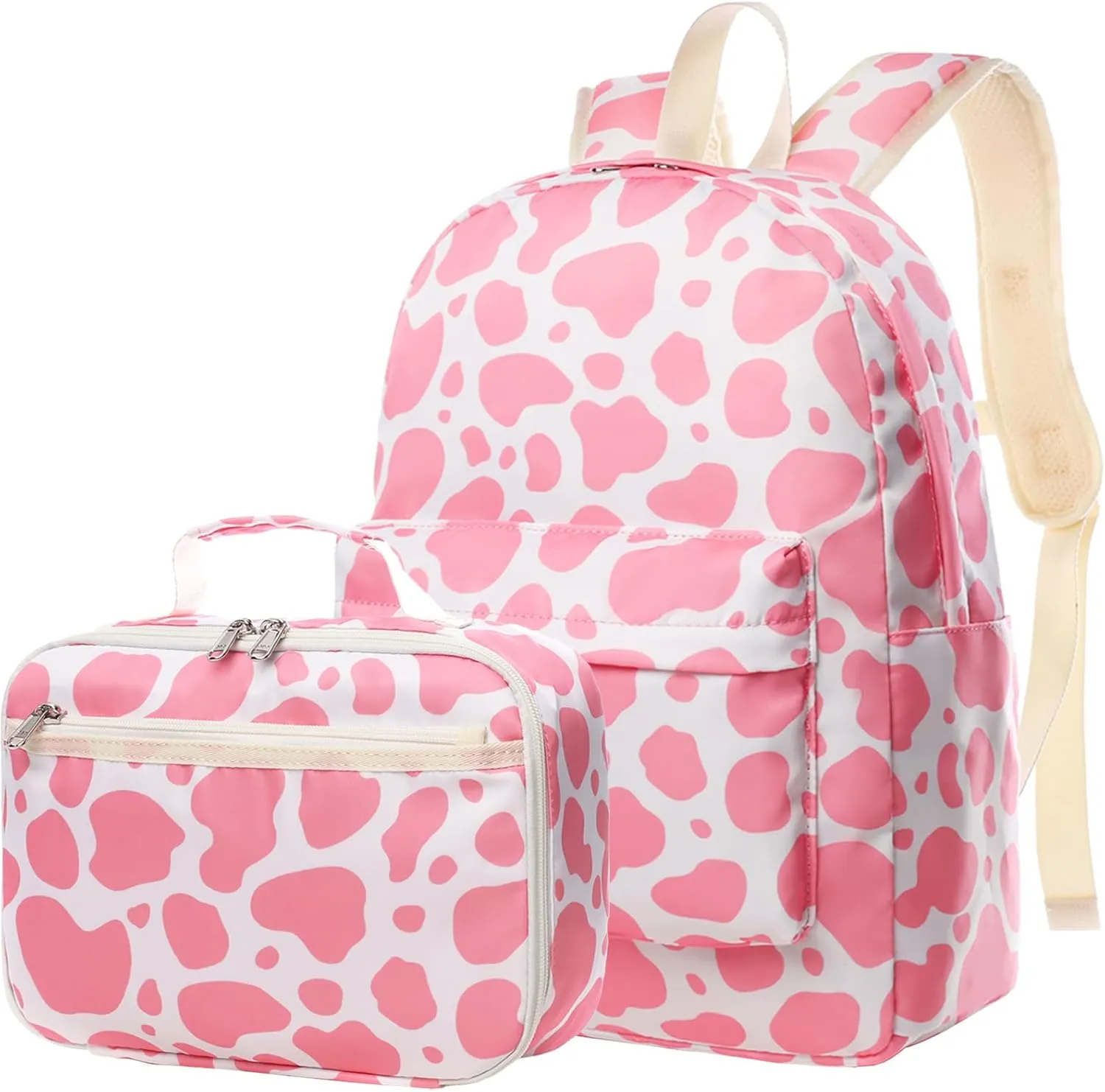 Toddler Backpack Girls Cow Print Kids Bookbag with Lunch Box Preschool Backpack Elementary School Bag -Pink Cow