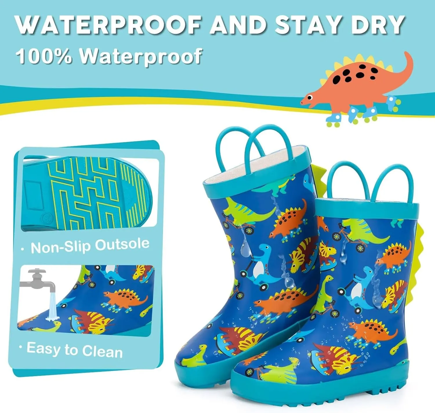 Toddler Rain Boots Kids Waterproof Rubber Boots for Boys and Girls with Handles in Fun Pattern