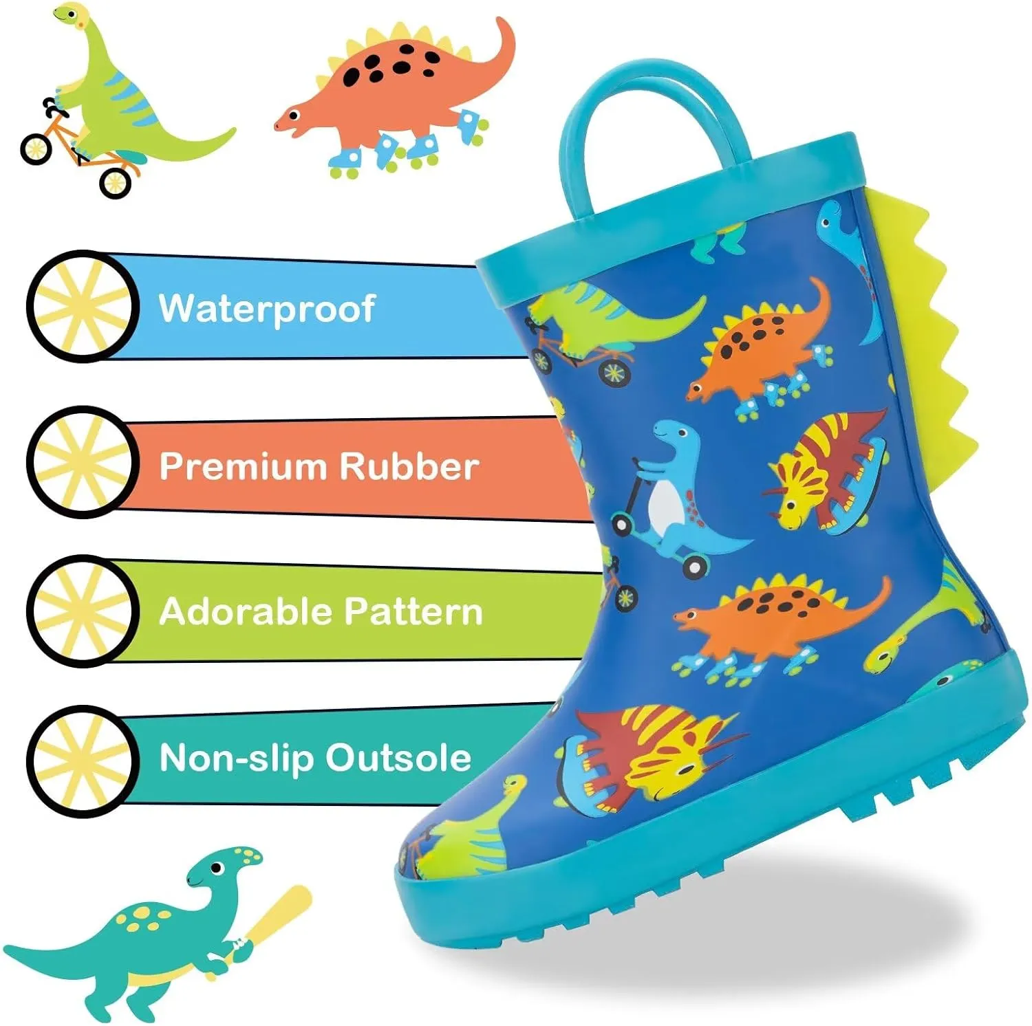 Toddler Rain Boots Kids Waterproof Rubber Boots for Boys and Girls with Handles in Fun Pattern